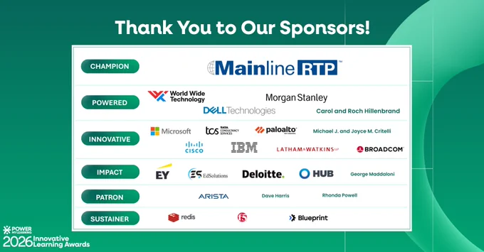 “Thank You to Our Sponsors” graphic for PowerMyLearning's 2026 Innovative Learning Awards, showing sponsor logos across multiple levels, including Mainline RTP as Champion sponsor.