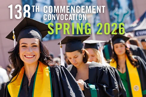A graphic that reads "138th Commencement Convocation, Spring 2026." A group of graduates wearing caps and gowns stand in the background.
