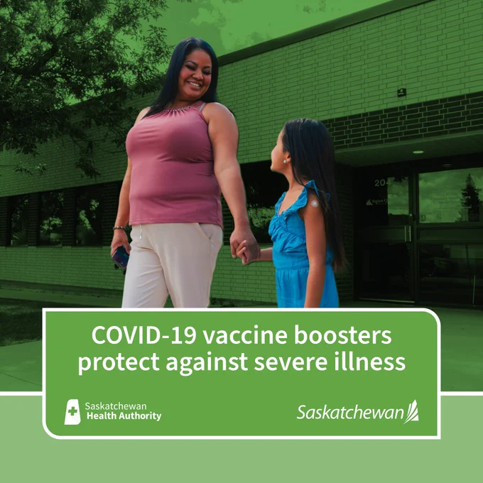 A mother and daughter smile at each other while walking out of a building. Both have small bandaids on their arms. Text: COVID-19 vaccine boosters protect against severe illness