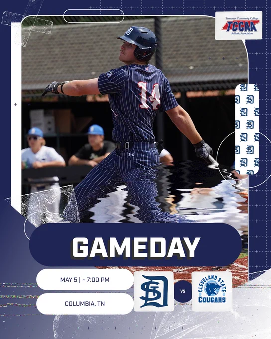 Baseball gameday graphic featuring a Dyersburg State player in a navy pinstripe uniform (number 14) finishing a swing at the plate. The design includes a stylized glitch effect across the lower half, TCCAA branding, and team logos for Dyersburg State and Cleveland State. Text reads “GAMEDAY” with game details: May 5 at 7:00 PM in Columbia, TN.