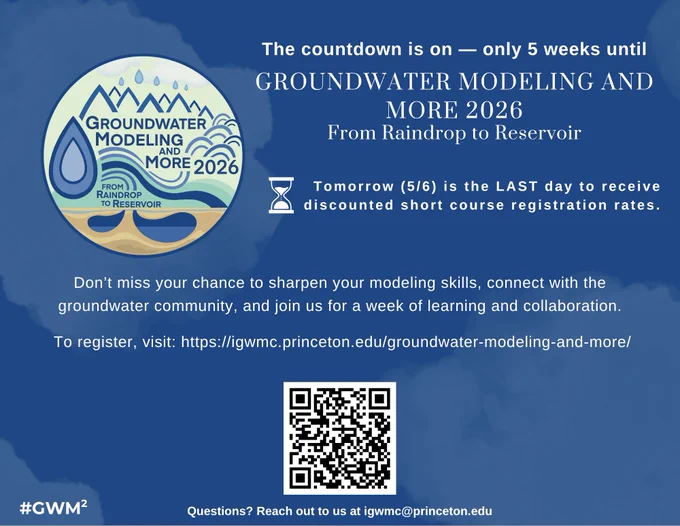 Promotional graphic on a dark blue background with lighter blue cloud designs for the conference : “Groundwater Modeling and More 2026: From Raindrop to Reservoir.” The conference title appears in the top right beneath the text, “The countdown is on — only 5 weeks until” In the top left is the conference logo. Beside it, text reads, “Tomorrow (5/6) is the LAST day to receive discounted short course registration rates,” alongside an hourglass graphic. Centered below is the message: “Don’t miss your chance to sharpen your modeling skills, connect with the groundwater community, and join us for a week of learning and collaboration.” The graphic includes a QR code and directs viewers to visit the conference website for registration. At the bottom center is the contact email igwmc@princeton.edu, and the bottom left includes the hashtag #GWM2.