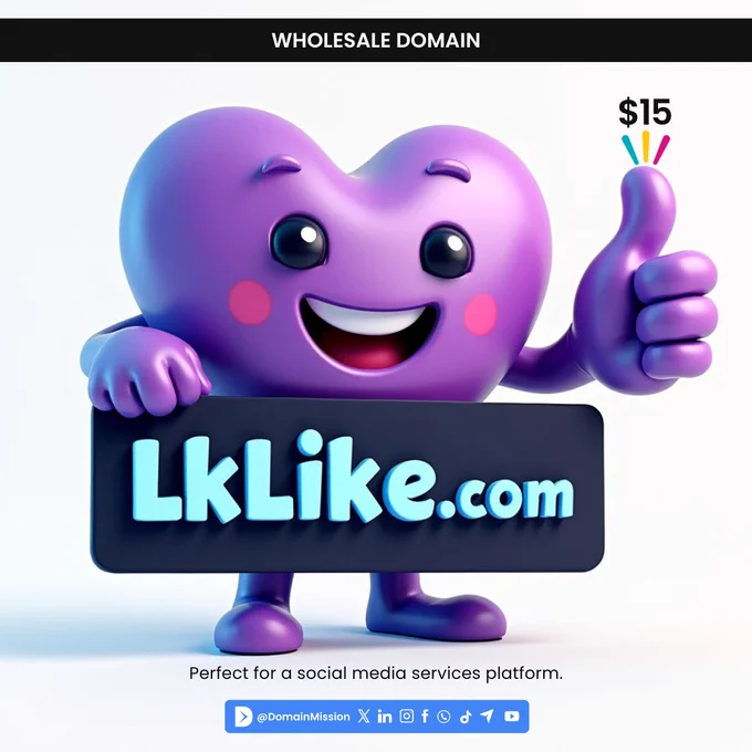 $15 Wholesale Domain
LkLike.com 
Perfect for a social media services platform - Domain Missison