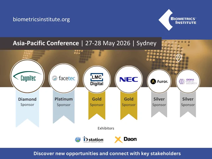 Biometrics Institute Asia-Pacific Conference 2026, featuring Diamond sponsor Cognitec Systems, Platinum sponsor FaceTec, Gold sponsors LMC Digital and NEC Australia, Silver sponsors Auror and IDEMIA Public Security, and exhibitors Brands Australia and Daon.


