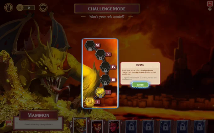 A screenshot from Sintopia showing one of the Challenge Mode screens from the game, highlighting the use of Boons to buff/debuff gameplay.