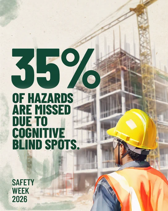 Safety Week 2026 visual from PCL Construction featuring an active construction site and safety professional in PPE, highlighting cognitive blind spots and hazard recognition on construction projects across the United States and Canada.
