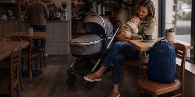 Mom with baby and Targus backpack
