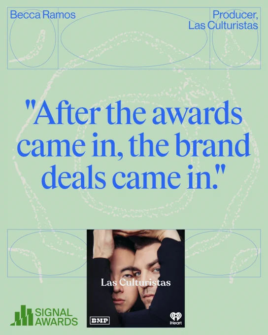 A promotional image with a quote about success in awards leading to brand deals. Featuring a podcast and producer.