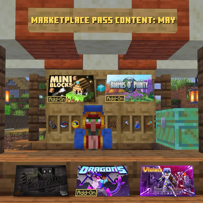 A Minecraft trader is working a "Marketplace Pass Content: May" market stall. The stall features various Minecraft items along with Add-Ons, Minigames, and Texture Packs.