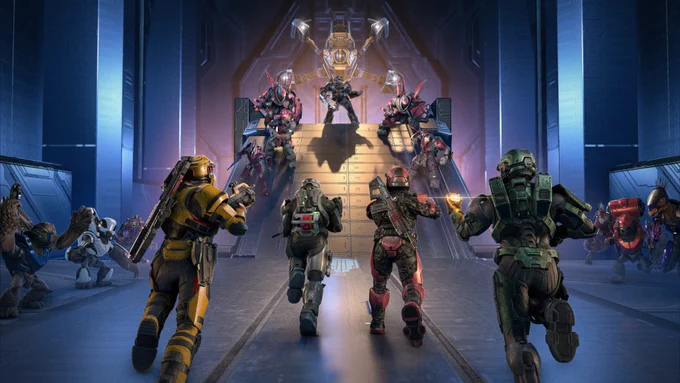 The Gauntlet playlist artwork, which depicts a team of four Spartans running toward a ramp defended by Banished and Forerunner forces.