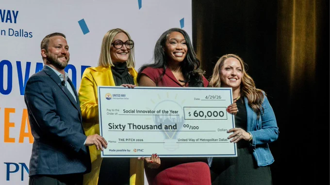 SMU Cox alumna Dejanae Parkman (MBA '21) accepts the Social Innovator of the Year Award at The Pitch 2026 hosted by United Way.