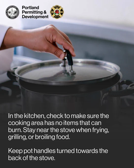 A Black woman's hand gently lifts the lid off a pot on the stove. There are no other items cluttering the cooking area nearby. The text reads, "In the kitchen, check to make sure the cooking area has no items that can burn. Stay near the stove when frying, grilling, or broiling food. Keep pot handles turned towards the back of the stove."