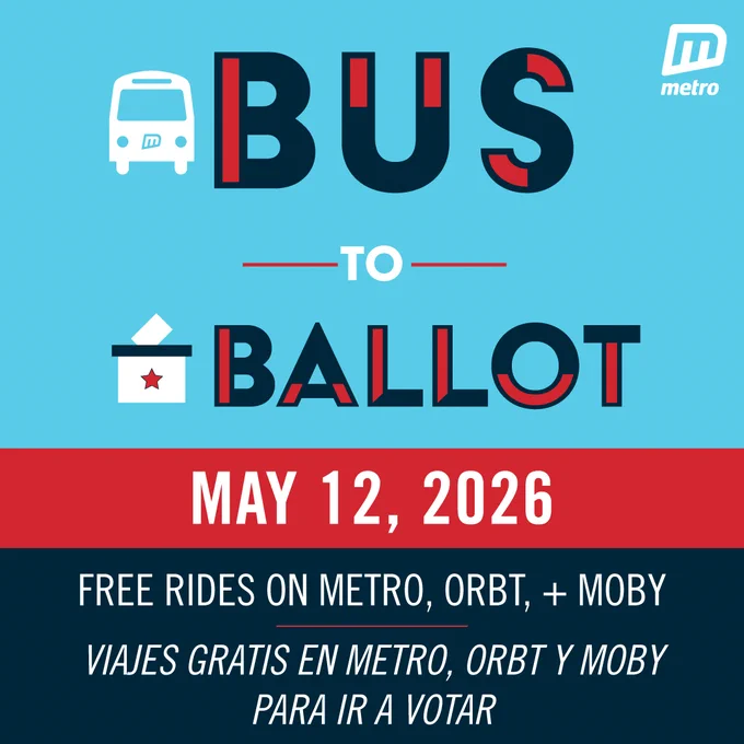 Blue and red graphic promoting free bus rides to voting locations on May 12, 2026, with Metro, ORBT, and MOBY services included. It also includes Spanish at the bottom, communicating the same message.