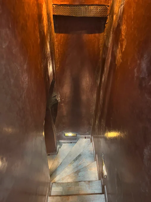 The first set of stairs descending into the Hammam at Riad Kalaa