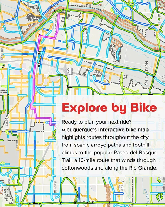 Color-coded bike route map of Albuquerque showing various trails and paths across the city for cyclists to explore.
