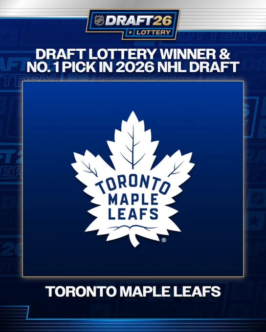 Top: The 2026 NHL Draft logo. Below that is text that reads \"Draft lottery winner & No. 1 pick in 2026 NHL Draft.\" Below that is the Maple Leafs logo along with text that reads \"Toronto Maple Leafs\"