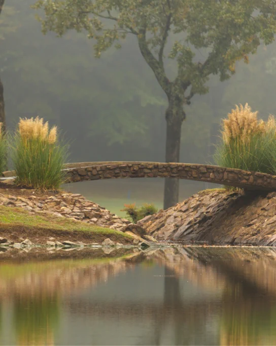 A small stone bridge arches over a calm pond, reflecting its image in the water. Tall grasses flank both ends of the bridge. In the background, trees stand amidst a softly blurred, misty landscape.