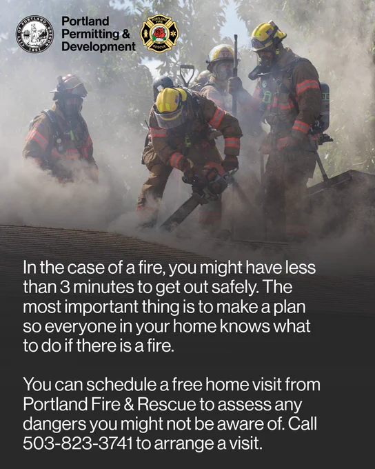 Four Portland firefighters work to put out a fire on a residential roof. The text reads, "In the case of a fire, you might have less than 3 minutes to get out safely. The most important thing is to make a plan so everyone in your home knows what to do if there's a fire. You can schedule a free home visit from Portland Fire & Rescue to assess any dangers you might not be aware of. Call 503-823-3741 to arrange a visit."