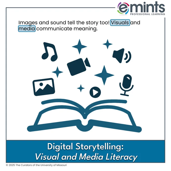 Blue graphic of an open book with sparkles and icons for music, video, images, and audio above it. Text reads, ‘Images and sound tell the story too. Visuals and media communicate meaning.’ Title: Digital Storytelling: Visual and Media Literacy. Includes eMINTS logo and branding.