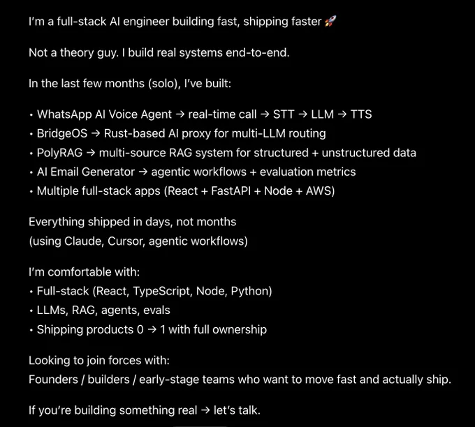 #AI #LLM #GenAI #BuildInPublic #Startups #FullStack #WebDev #Python #RustLang #JavaScript #Developers #IndieHackers #Founders #Hiring #OpenToWork #StartupLife #AIAgents #RAG #MachineLearning #AIEngineering