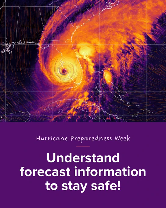 A satellite image of a hurricane approaching the southeastern United States, with swirling orange and purple colors indicating storm intensity. Text reads "Hurricane Preparedness Week: Understand forecast information to stay safe!"
