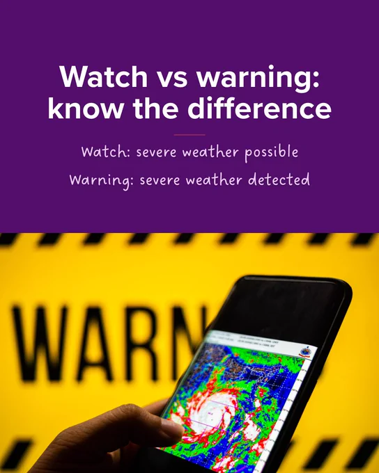 A person holds a smartphone displaying a weather radar app. The background features a warning sign. Text at the top reads: "Watch vs warning: know the difference. Watch: severe weather possible. Warning: severe weather detected."