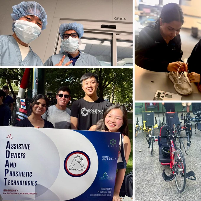 A collage showing Penn ADAPT student activities, including two students in surgical scrubs and masks in a hospital setting, a student working on adaptive footwear, a group holding a Penn ADAPT sign at a campus event, and adaptive handcycles lined up for use.
