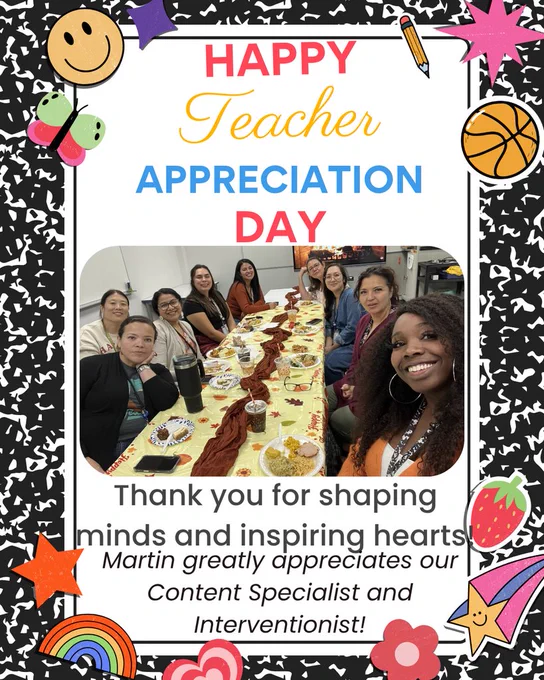 A collage with a black and white polka-dot border, showing a group of teachers at a table. Text reads "Happy Teacher Appreciation Day."