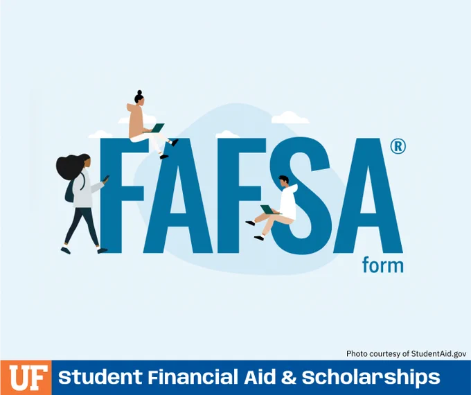 FAFSA form logo with a person walking across the letters. University of Florida Student Financial Aid & Scholarships branding.