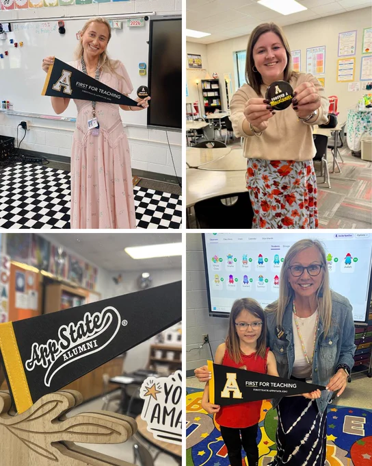 Sarah Hardin ’21, Hali Chase ’13, Erin Fox ’11, and Donna Martin ’84 pose in classroom settings, holding App State “First for Teaching” pennants and “Forever a Mountaineer” buttons.