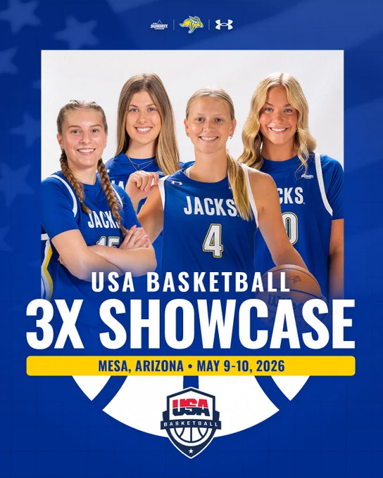 Graphic for the USA Basketball 3x Showcase featuring four South Dakota State basketball players standing side by side wearing blue “Jacks” jerseys, one holding a basketball. Large text reads “USA Basketball 3X Showcase” with event details “Mesa, Arizona • May 9-10, 2026.”