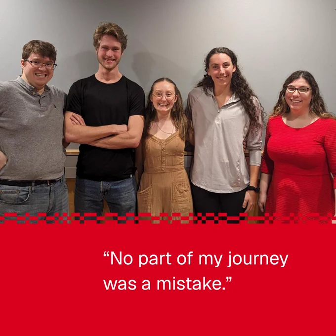 A group of five people standing shoulder to shoulder, smiling in front of a plain gray wall. A quote below reads, "No part of my journey was a mistake." The image is framed with a red border.