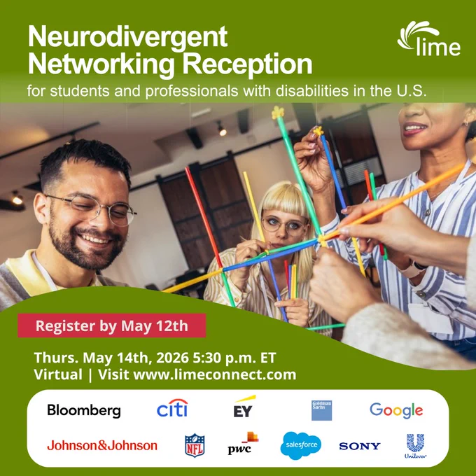 Group of diverse professionals with visible and non-visible disabilities work together to build a structure with colored sticks.  Event details displayed as listed above with company logos