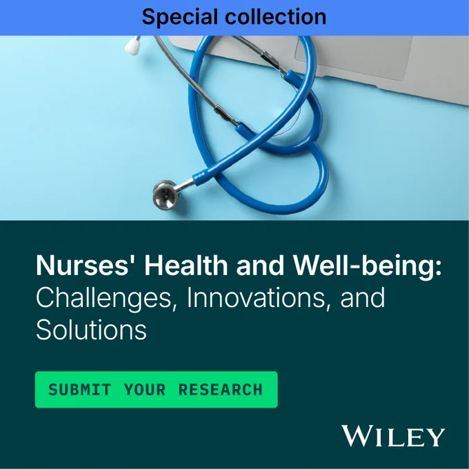 Blue stethoscope on a light blue surface with text inviting research submissions on nurses' health and well-being challenges and solutions.