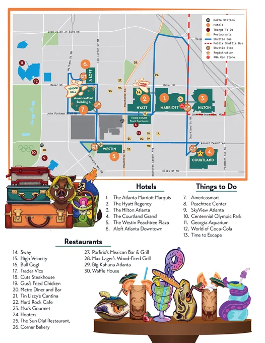 A vibrant map detailing hotels, restaurants, and attractions in a city area. Includes colorful illustrations and event-specific locations.