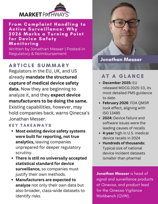 The shift is here, and many aren’t ready. Regulators are now analyzing device safety data and expect manufacturers to do the same. Why 2026 is a turning point for surveillance: https://bit.ly/4euIj8F #medtech