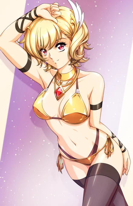 An illustration of Citrinne from Fire Emblem Engage. She is wearing a golden bikini to commemorate golden week as well as various accoutrements inspired by her original costume.