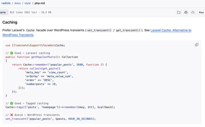 Screenshot of part of Radicle's PHP style docs