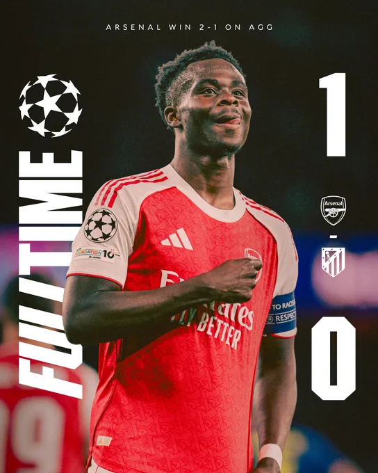 Full Time: Arsenal 1-0 Atletico Madrid (2-1 on aggregate)