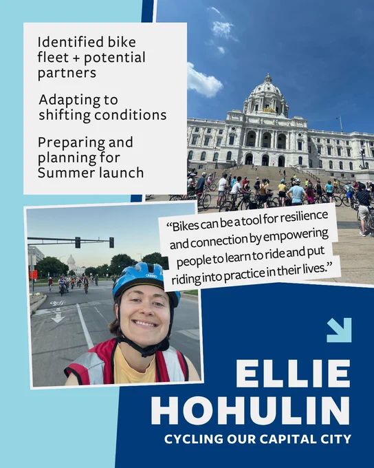 Cyclists gather in front of a historic government building under a bright blue sky. Selfie image of Ellie biking on the road with several people following behind. Ellie Hohulin's project, Cycling Our Capital City, has identified bike fleet and potential partners, is adapting to shifting conditions, and preparing and planning for Summer launch. Quote by Ellie: “Bikes can be a tool for resilience and connection by empowering people to learn to ride and put riding into practice in their lives.”