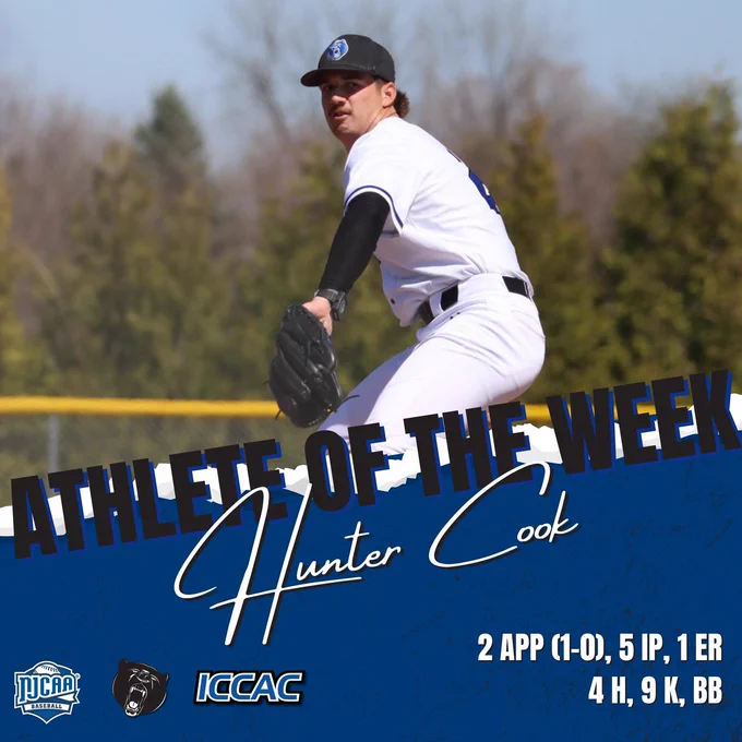 Hunter Cook Athlete of the Week baseball graphic for 2 appearances, 1-0 record, 5 IP, 1 ER, 4 hits, 9 strikeouts and walk.