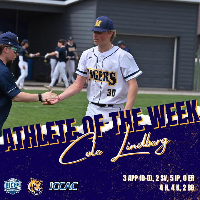 Cole Lindberg Athlete of the Week baseball graphic for 3 appearances, 2 saves, 5 IP, 0 ER, 4 hits, 4 strikeouts and 2 walks.