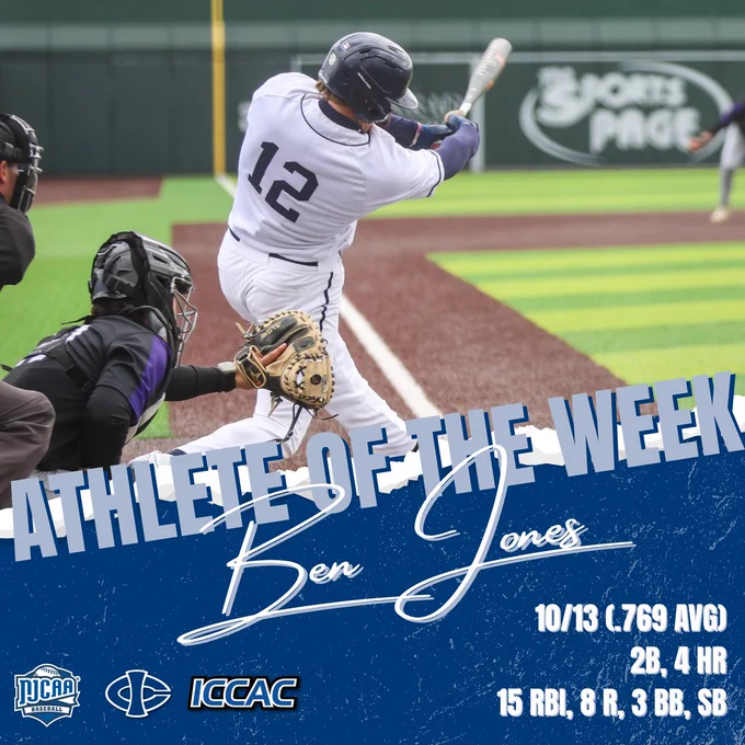 Ben Jones Athlete of the Week baseball graphic after hitting .769 with 2B, 4 HR, 15 RBI, 8 R, 3 BB and SB.