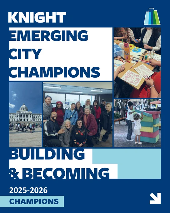 Collage of community activities within the Knight Emerging City Champions. The Champs and community members are engaging in fitness, social events, art, and youth education events. The graphic is titled 'Knight Emerging City Champions Building & Becoming 2025-2026'. 