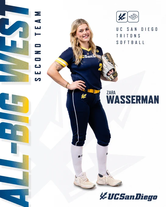 The image shows a person in a UC San Diego Tritons softball uniform, holding a glove. The background features the text "All-Big West Second Team" and the name "Zara Wasserman." The UC San Diego logo is also visible.
