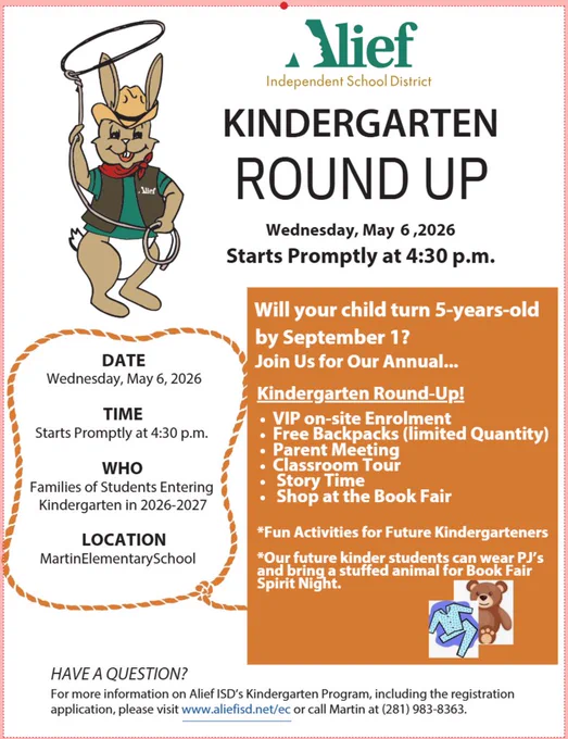 An event flyer for "Kindergarten Round Up" on May 6, 2026. The flyer contains information on date, time, location, and activities.