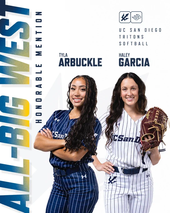 Poster featuring two athletes in UC San Diego Tritons softball uniforms holding a bat and glove. Text reads "All-Big West Honorable Mention," with names Tyla Arbuckle and Haley Garcia.