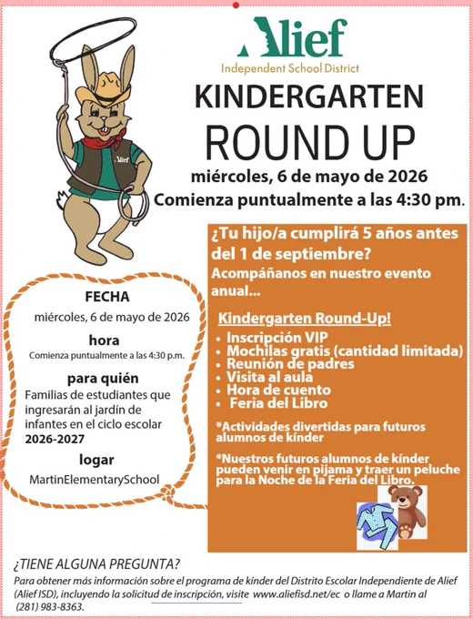 A poster with a cartoon rabbit in a cowboy hat. The title reads "Kindergarten Round Up." Event details include date, time, and location.