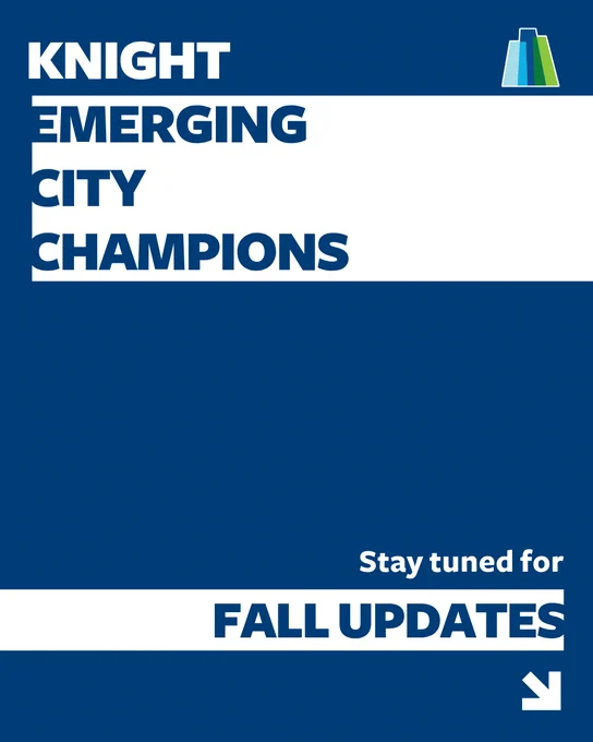 Bold text announcing Knight Emerging City Champions with a prompt to stay tuned for fall updates on a navy blue and white background.