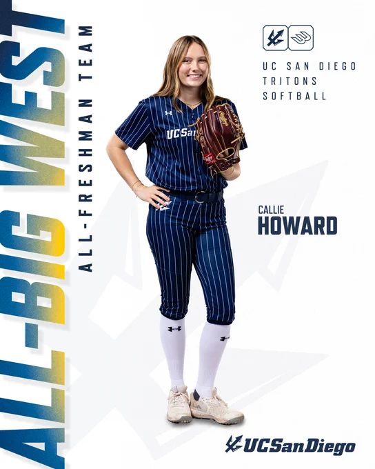 A person in a blue pinstripe softball uniform holds a glove and stands confidently. The text reads "All-Big West All-Freshman Team" and features "UC San Diego Tritons Softball" with the name "Callie Howard." The UC San Diego logo is also displayed.