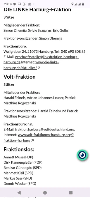 Screenshot von https://www.hamburg.de/politik-und-verwaltung/bezirke/harburg/bezirksversammlung/fraktionen-harburg-63904. Bei Volt-Fraktion stehen drei Namen, die aus den Reihen der Faschisten eine zweite Fraktion eröffneten...